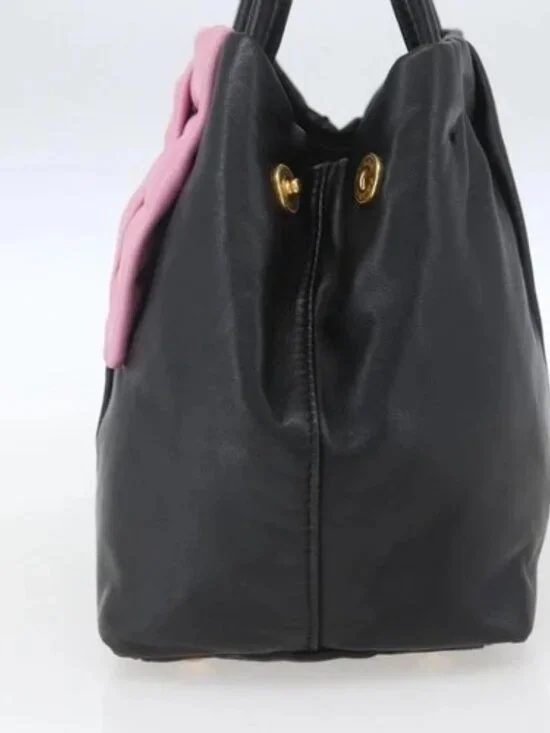 PRADA Hand Bag Leather Black Gold Auth 168382 - Picture 4 of 16